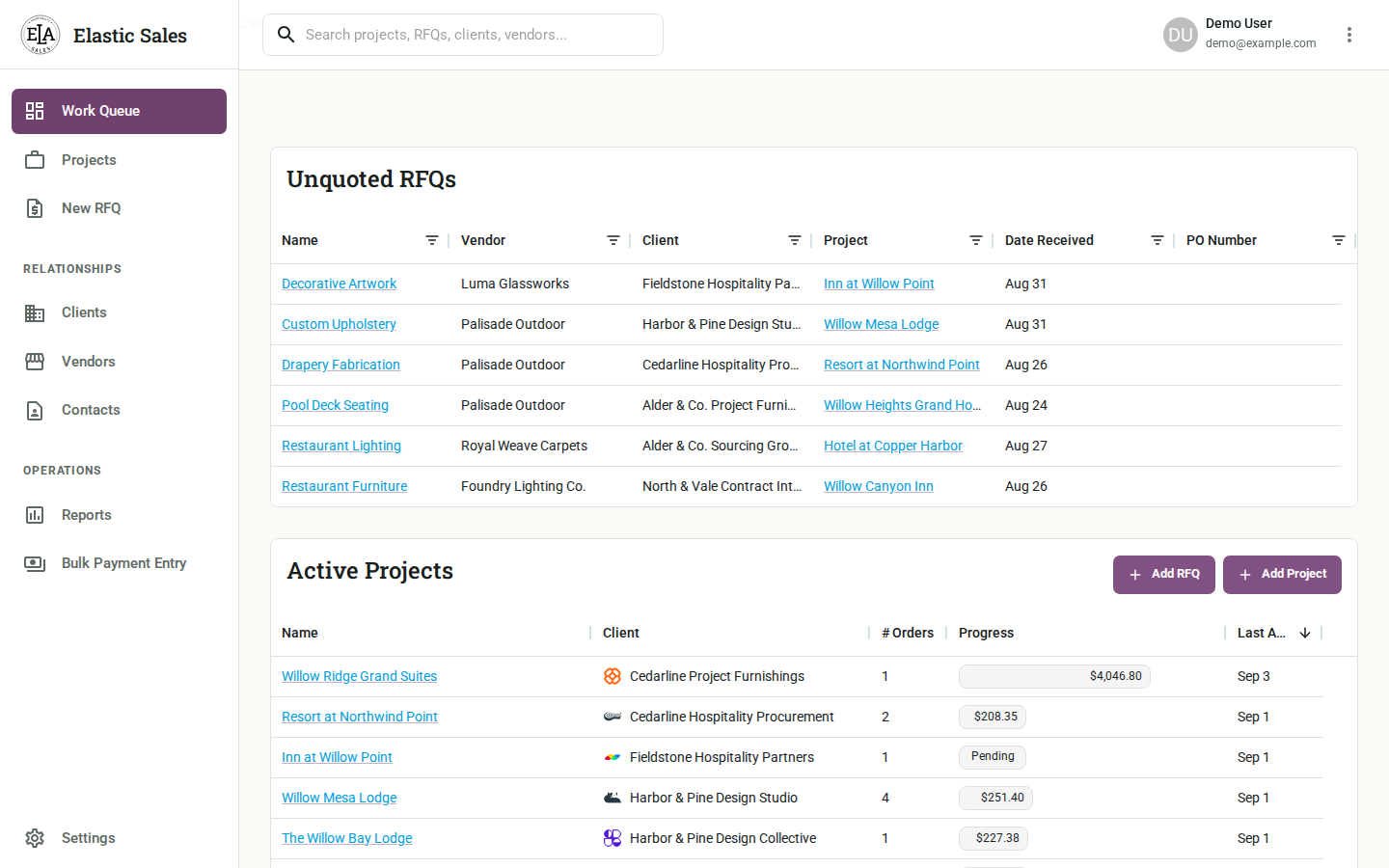 Elastic Sales work queue with unquoted RFQs and active projects